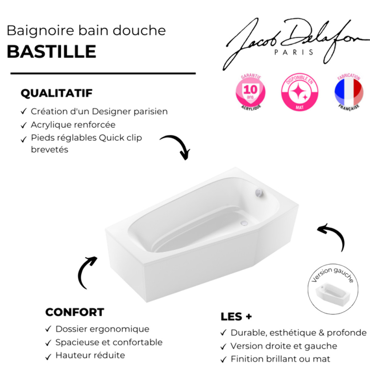 Pack baignoire bain douche 170 x 90 Bastille vidage à droite blanc brillant + tablier en angle