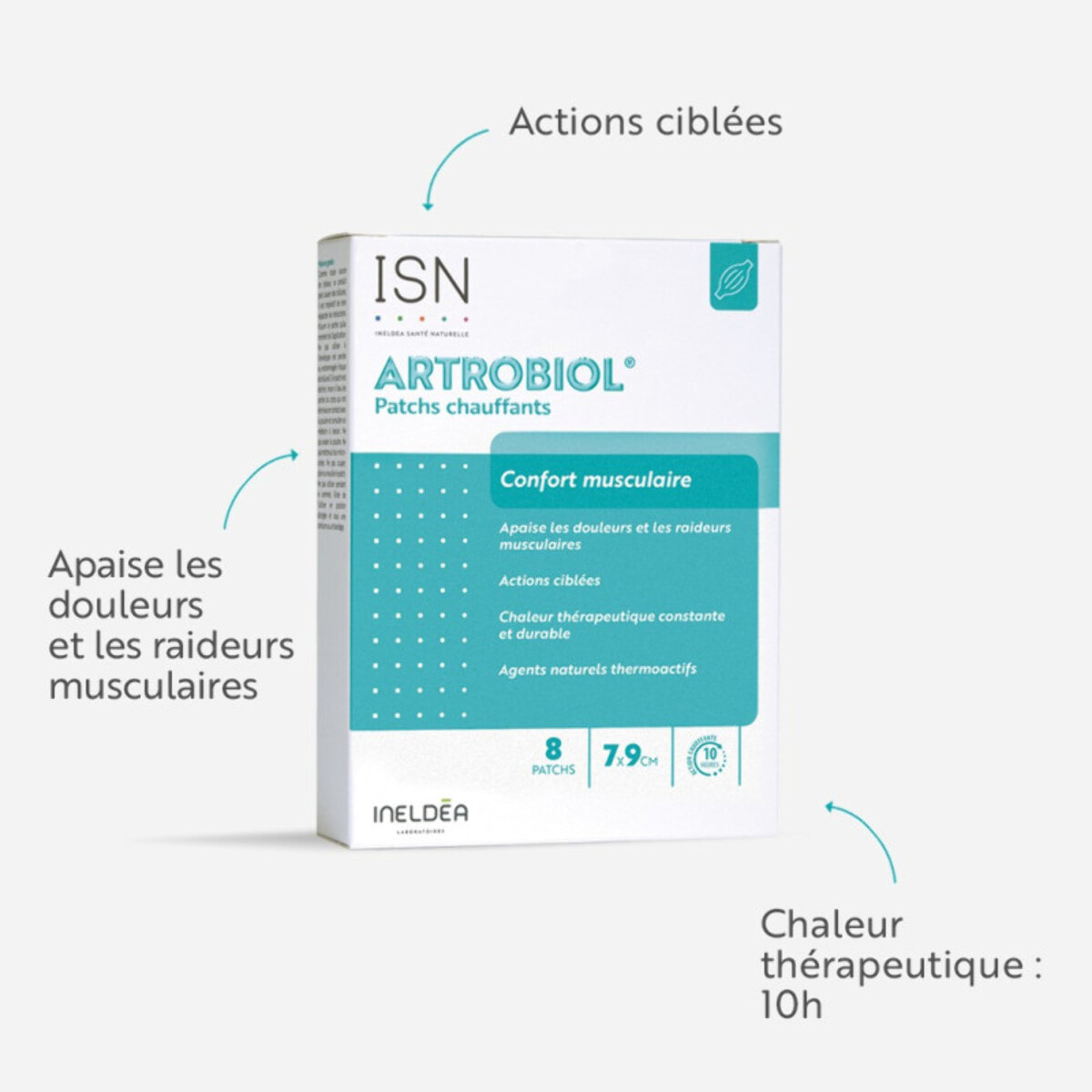 ISN - Artrobiol Patchs Chauffants - Aide à soulager les douleurs et tensions musculaires - Agents thermoactifs - Action chauffante 8h - Dispositif Médical - Etui 8 patchs
