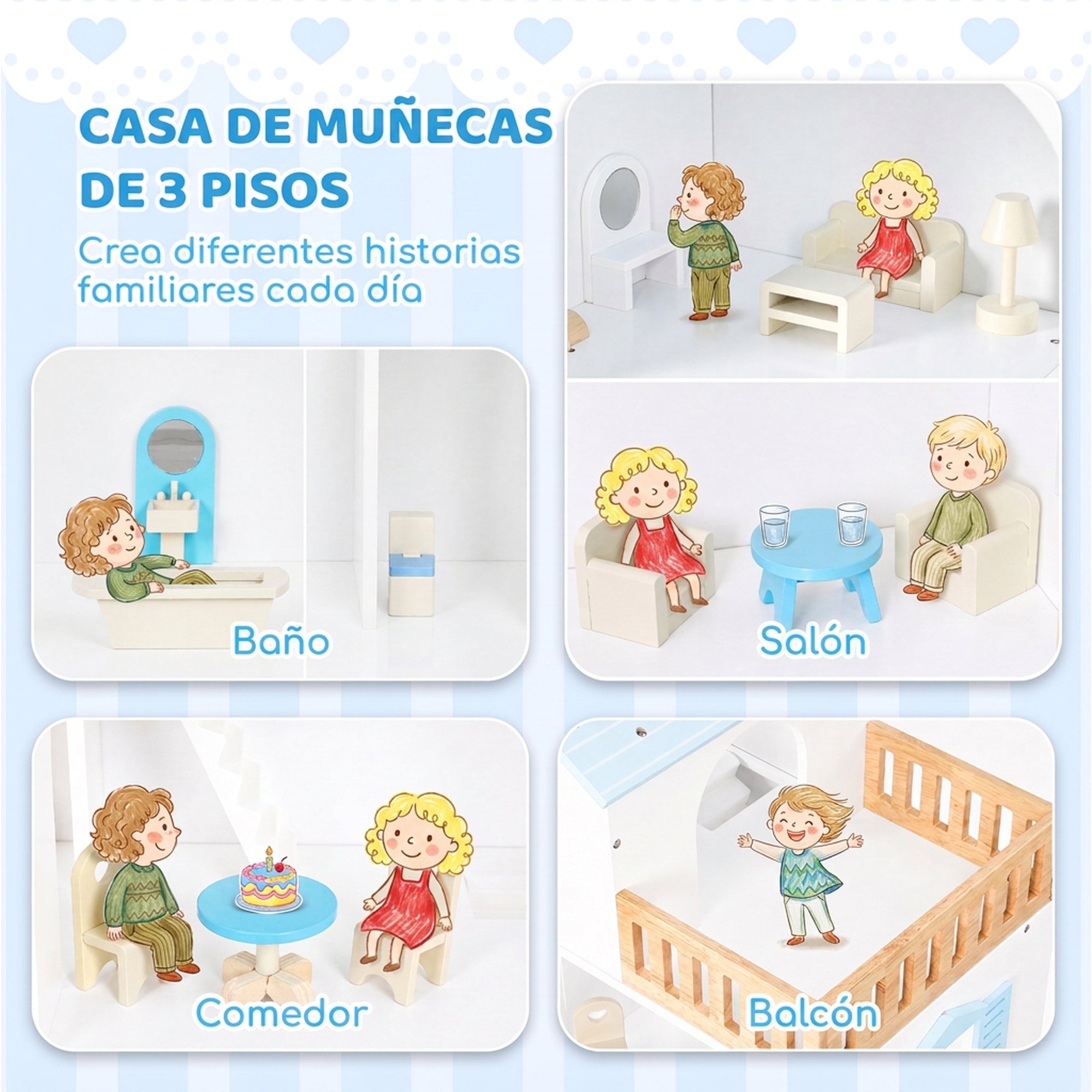 AIYAPLAY Casa de Muñecas de Madera de 3 Pisos con Ascensor y Balcón, 5 Habitaciones y 13 Muebles, Casita de Muñecas para Niñas, Juguete de Imitación para Niños de 3 a 6 Años, Azul