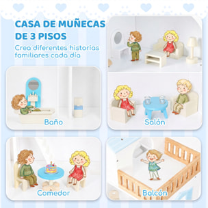 AIYAPLAY Casa de Muñecas de Madera de 3 Pisos con Ascensor y Balcón, 5 Habitaciones y 13 Muebles, Casita de Muñecas para Niñas, Juguete de Imitación para Niños de 3 a 6 Años, Azul