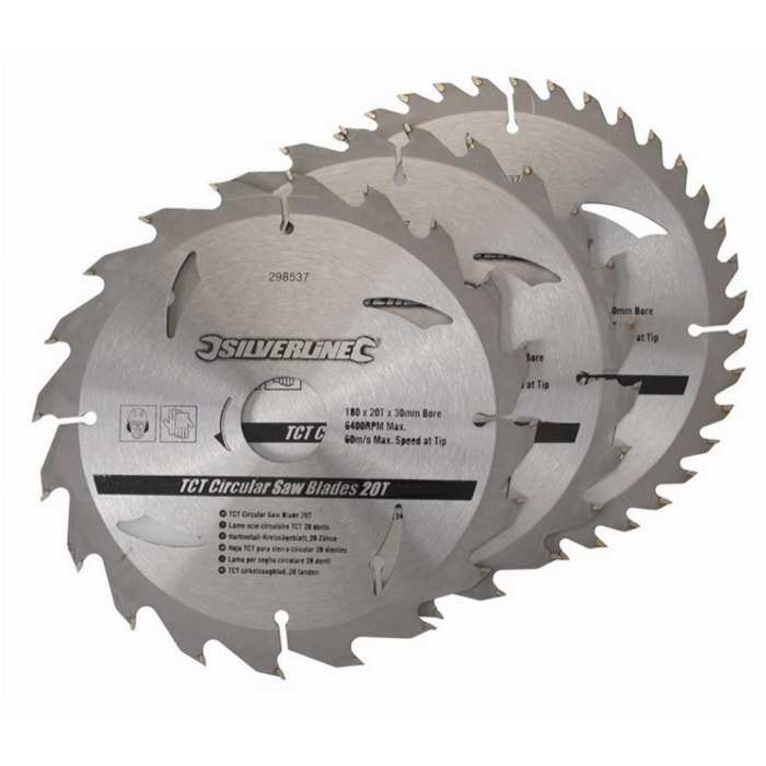 Lot de 3 lames SILVERLINE TCT Ø190 mm Alésage 30 mm - 20, 24 et 40 dents - 590591