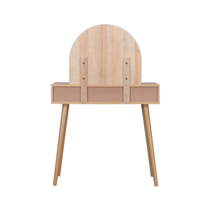 Coiffeuse Bohème avec miroir arrondi et 2 tiroirs cannage. coloris naturel. style Scandinave. L 90 x P 35 x H 135.5 cm