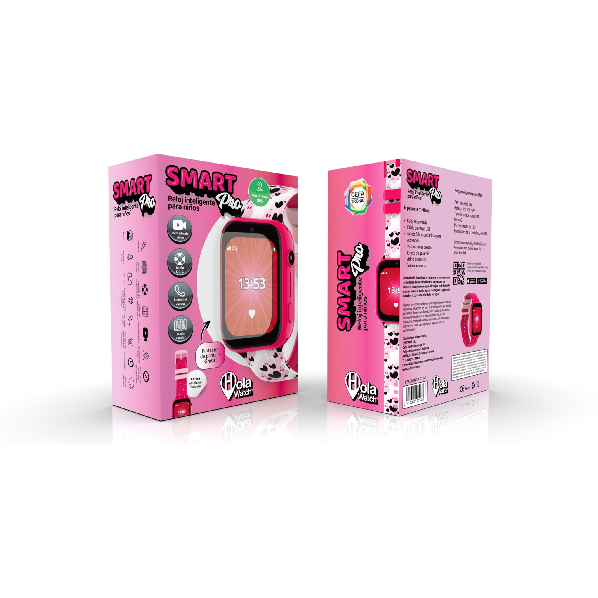RELOJ INTELIGENTE HOLAWATCH "SMART PRO PINK " GPS CON CORREAS INTERCAMBIABLES Y PROTECTOR DE PANTALLA