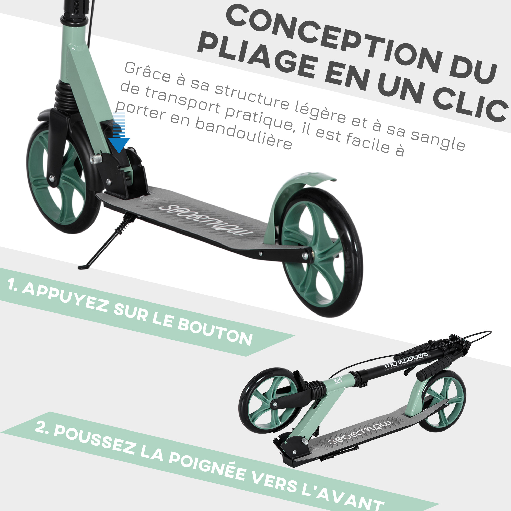 Trottinette pliable adulte béquille double frein amortisseur hauteur guidon réglable roulement PU abec-9 alu. métal vert noir