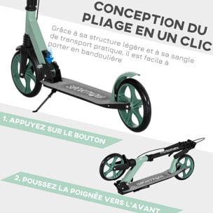 Trottinette pliable adulte béquille double frein amortisseur hauteur guidon réglable roulement PU abec-9 alu. métal vert noir