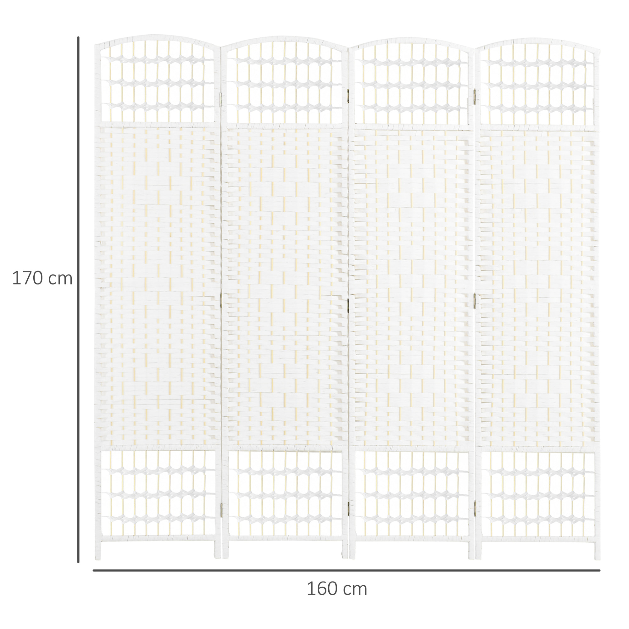 Biombo Separador de Ambientes de 4 Paneles 160x170 cm Divisor de Habitación Plegable de Cuerda de Papel y Marco de Madera Decoración para Dormitorio Salón Blanco