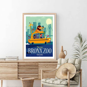 Poster retro bronx zoo Affiche + cadre en bois - Chêne