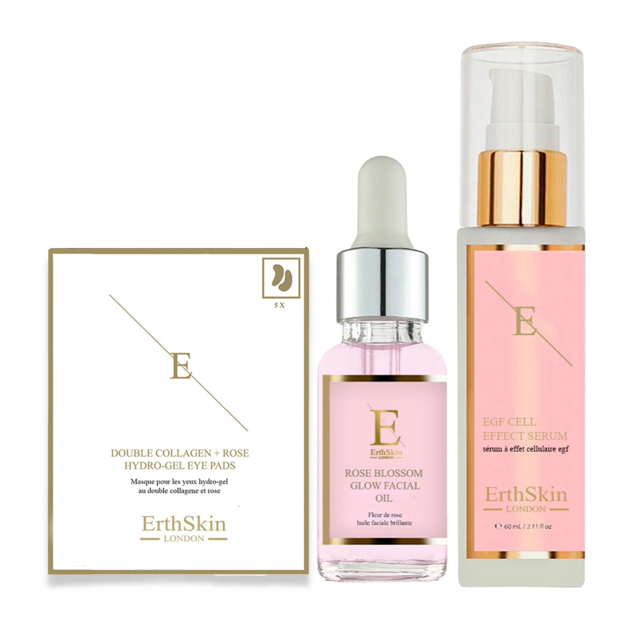 SERUM EFECTO CÉLULA EGF + Aceite facial con brillo de flor de rosa + Almohadillas dobles de colágeno para ojos