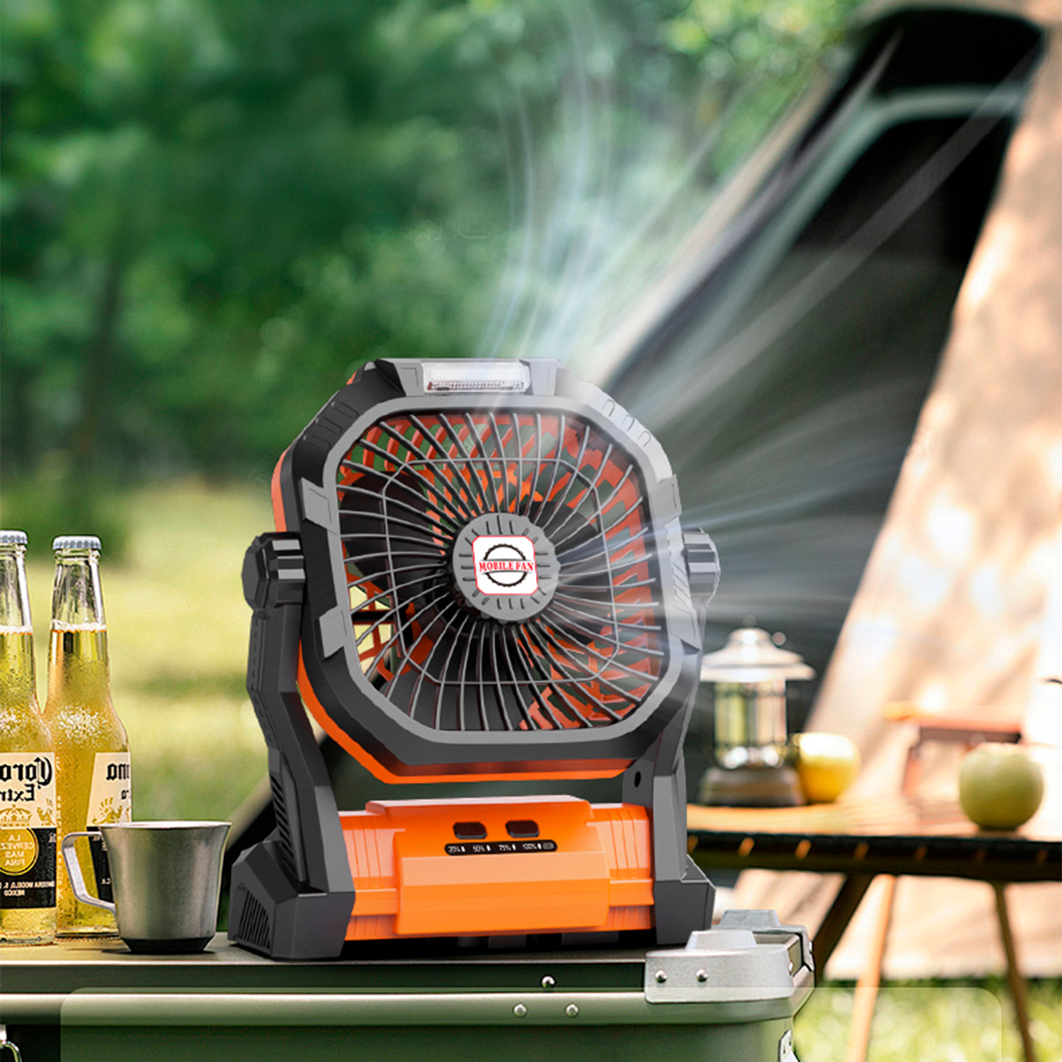 Ventilatore P50 con motore senza spazzole, LED con 8 luci, 4 velocità, 3 livelli di luce. Angolo regolabile di 180º, gancio per appendere e powerbank da 7800 mAh.