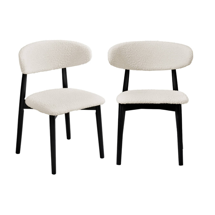 Lot de 2 chaises en bois d'hévéa noir et tissu bouclette blanc crème