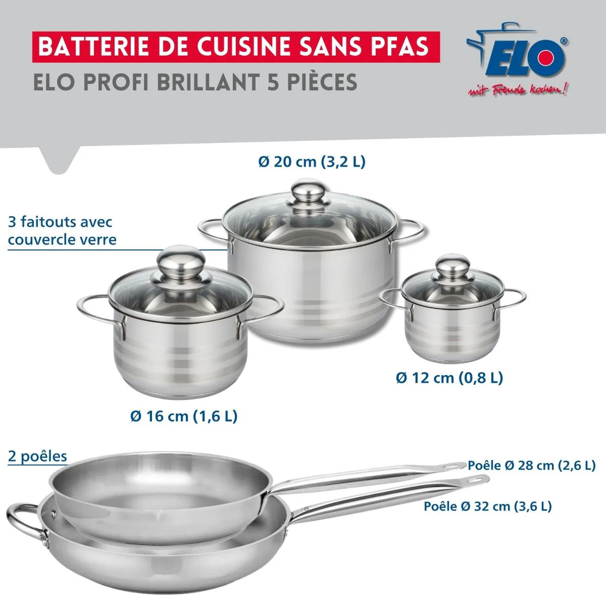 Ensemble de 2 Poêles de cuisson 28 et 32 cm et 3 faitouts 12, 16 et 20 cm Elo Profi Brillant