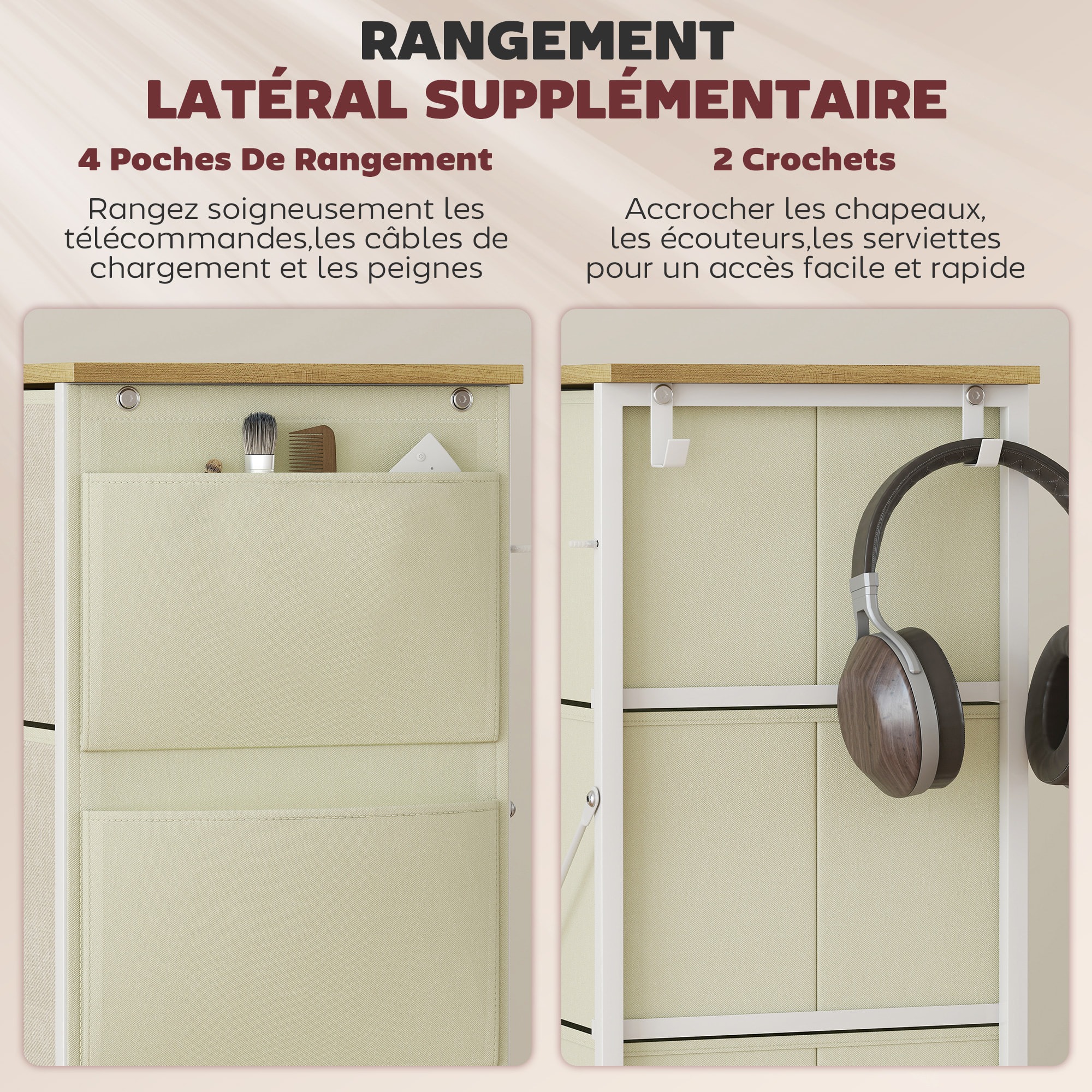 Commode chiffonnier 4 tiroirs en tissu beige 4 poches 2 crochets acier blanc effet bois