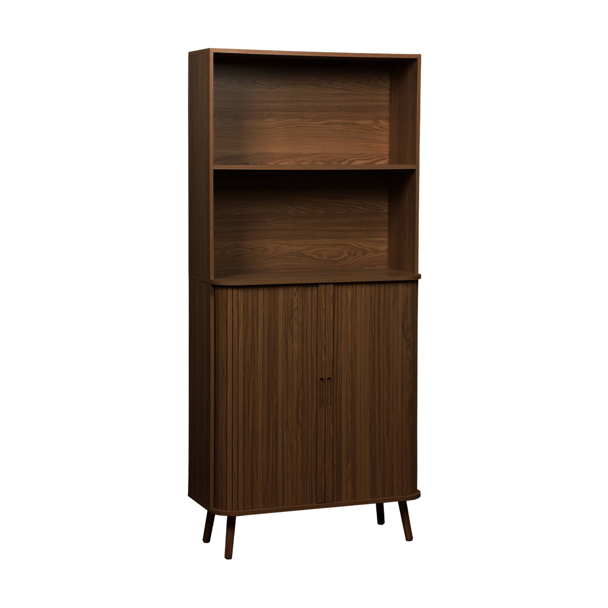 Etagère bibliothèque scandinave. 2 portes coulissantes. 4 niveaux. effet bois rainuré. L 80 x P 45 x H 180cm