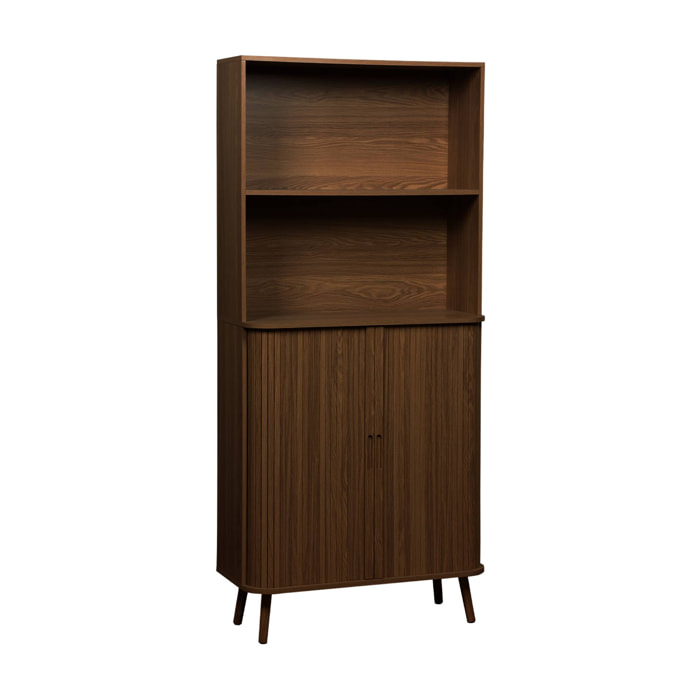 Etagère bibliothèque scandinave. 2 portes coulissantes. 4 niveaux. effet bois rainuré. L 80 x P 45 x H 180cm