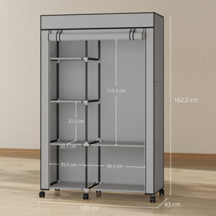 Armario de Tela con Ruedas, Armario Portátil, con Barra para Colgar, 6 Estantes, Marco de Acero, para Dormitorio, Vestidor, 103x43x162,5 cm, Gris Claro