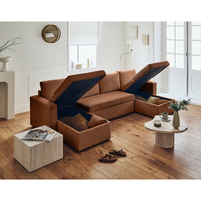 Cyrus - canapé panoramique en U - 7 places - convertible avec coffre - en velours côtelé - Terracotta