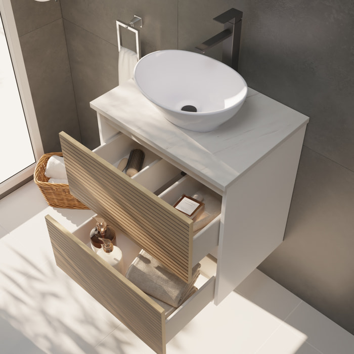 YINU SALLE DE BAIN | 60 CM BLANC - SOLOMON | DEUX TIROIRS | AVEC LAVABO SUR PLAN | N'INCLUT PAS LE MIROIR | ALDAY