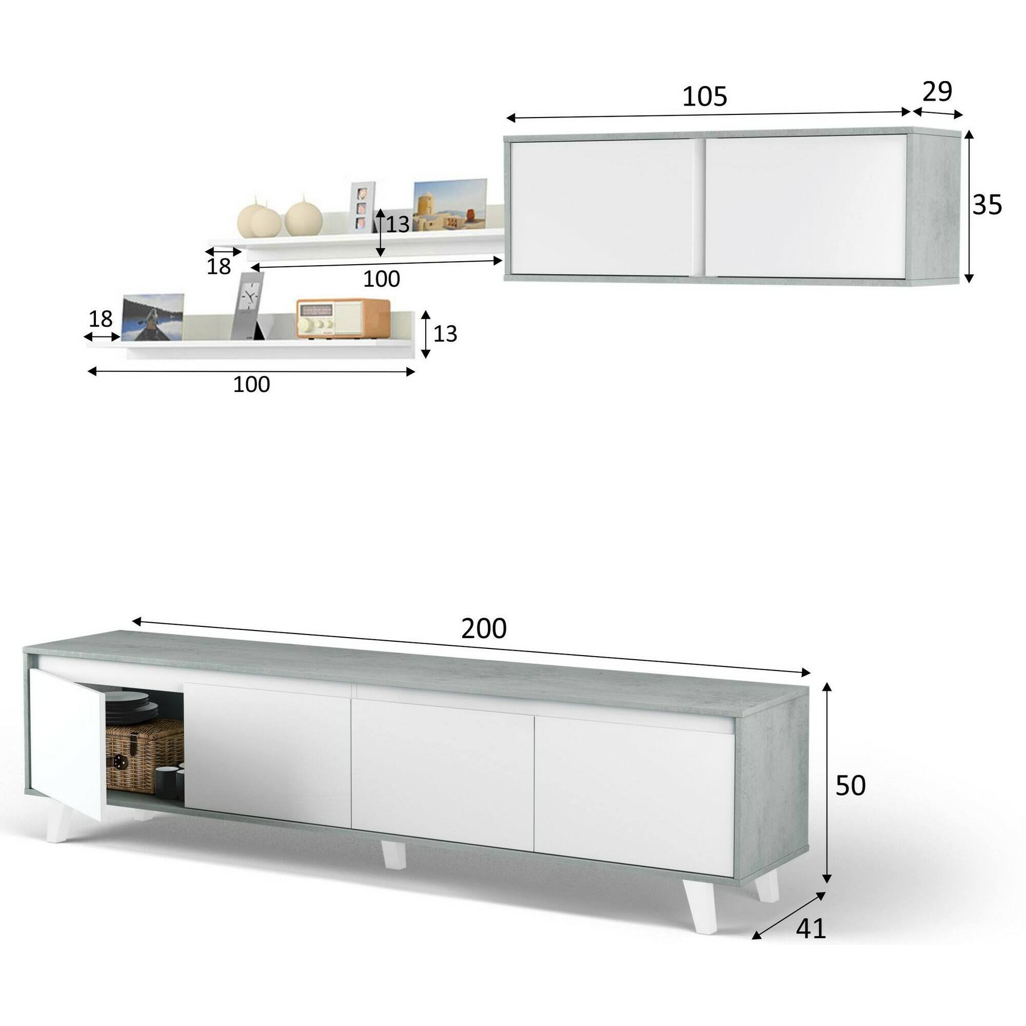 Parete attrezzata Kaya, Set da soggiorno, Mobile salotto multiuso, Parete attrezzata moderna, 200x41h50 cm, Cemento e Bianco lucido