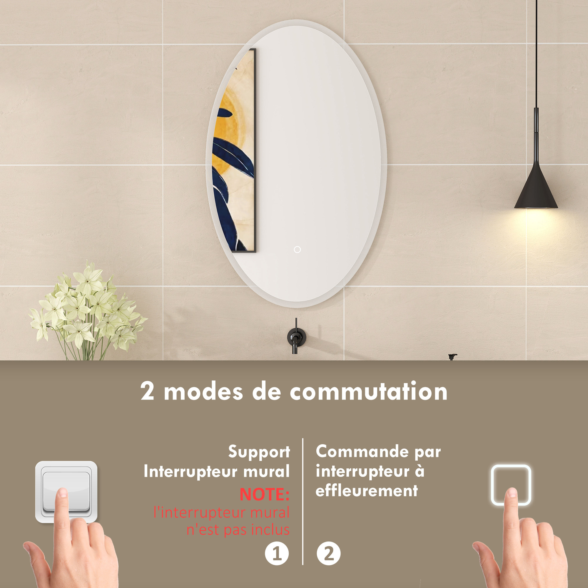 Miroir salle de bain LED design ovale 50 x 80 cm anti-buée dimmable tactile réglable verre trempé