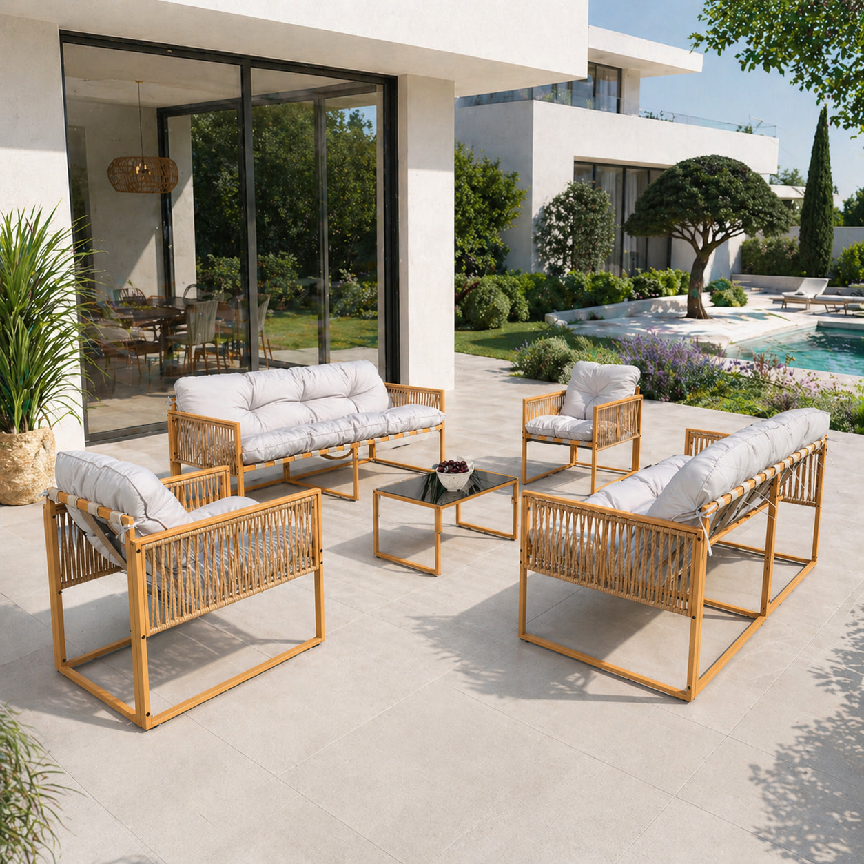 Salon de jardin 8 places effet rotin coussins gris clair FORLI