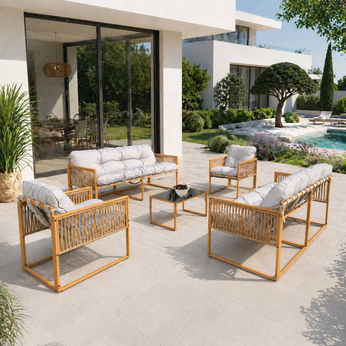 Salon de jardin 8 places effet rotin coussins gris clair FORLI