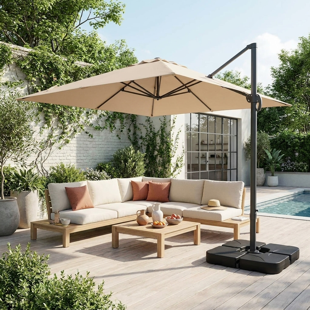 Parasol déporté rectangulaire 3x4m + dalles à lester 50x50cm WIMEREUX + DALLES