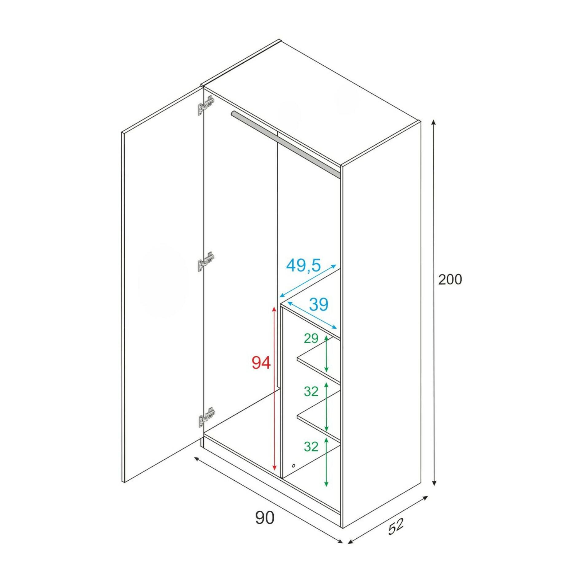 Guardaroba Abilene, Armadio per camera da letto a 2 ante battenti, Mobile con 3 ripiani e barra appendiabiti, cm 90x52h200, Bianco e Marrone