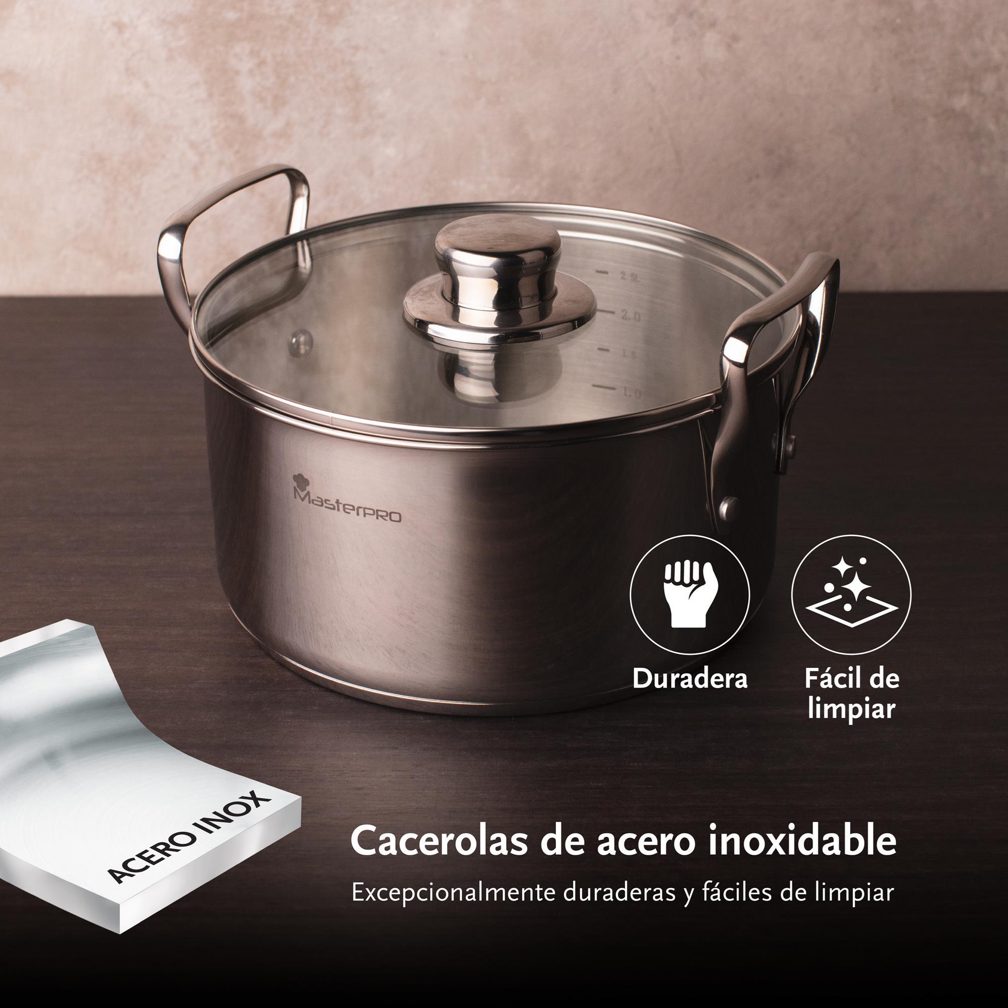 Juego de 3 cacerolas con tapas ø20ø24ø28cm en acero inoxidable y 3 utensilios de cocina masterpro