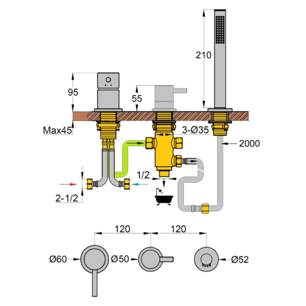Mitigeur baignoire mécanique 3 trous PAINI Cox pour remplissage par le vidage avec douchette Noir mat