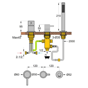 Mitigeur baignoire mécanique 3 trous PAINI Cox pour remplissage par le vidage avec douchette Noir mat