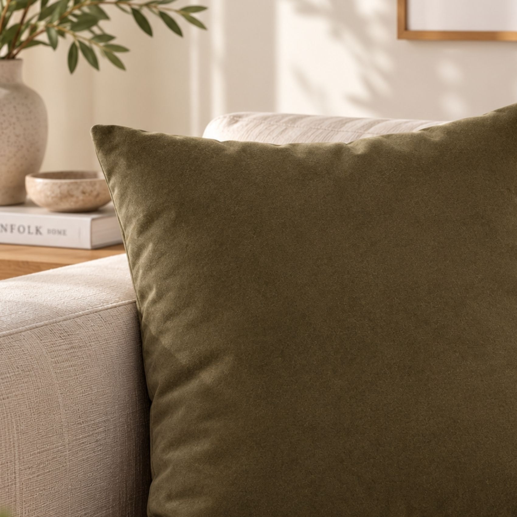 Coussin velours  - Effet peau de pêche - Vert Olive