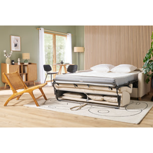 Canapé convertible 3 places en tissu beige et bois clair avec matelas 18 cm SKANDY