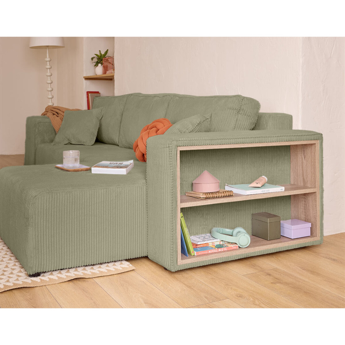 Topaze - canapé d'angle réversible 4 places - convertible avec coffre, tablette et poufs - en velours côtelé - Vert Kaki