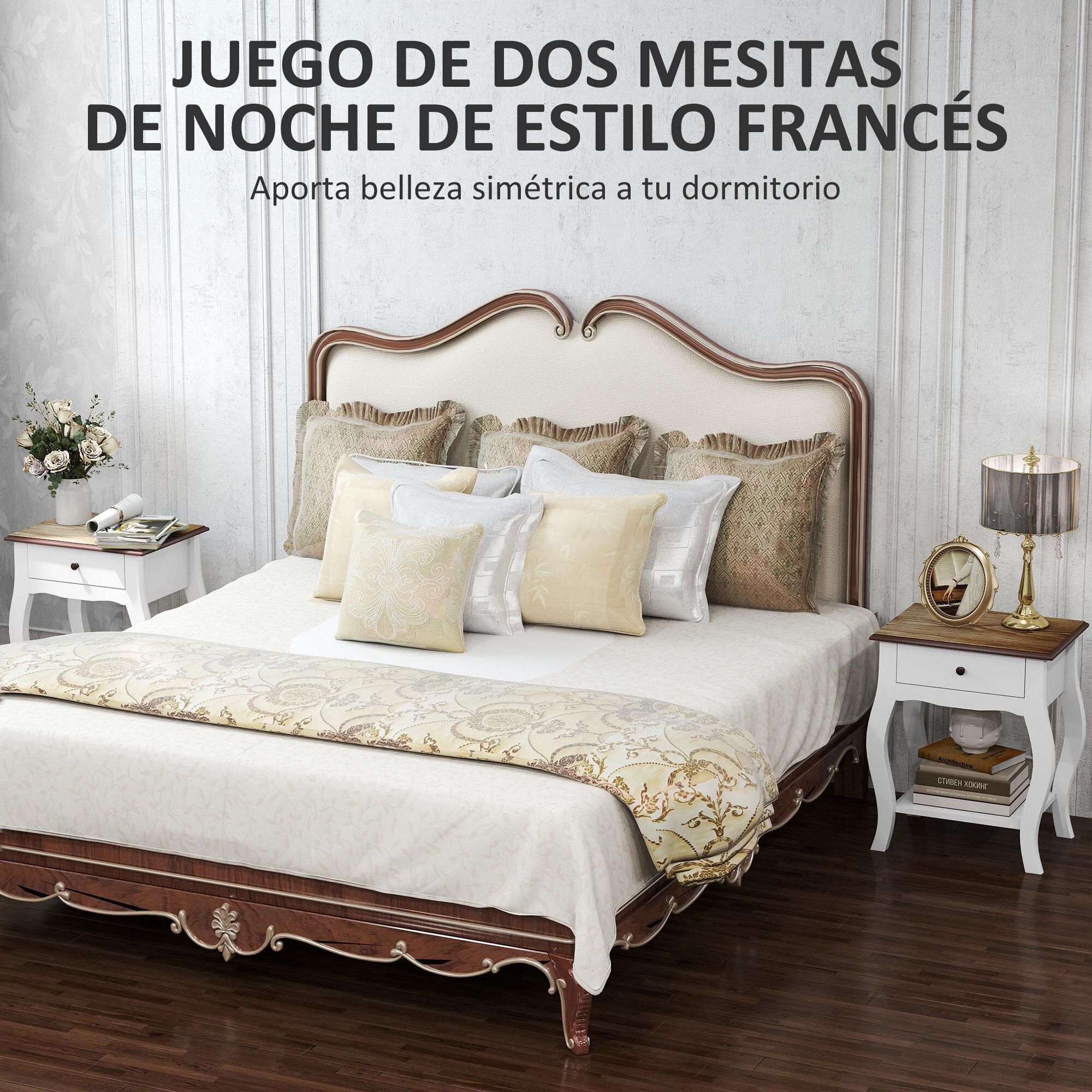 Pack de 2 Mesitas de Noche Mesillas de Noche Dormitorio con Cajón Estante Abierto y Tapa Efecto Roble Estilo Francés para Salón 45x35x55 cm Blanco y Roble