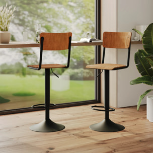 Lot de 2 chaises de bar réglables 60/80 cm en bois foncé - Clem