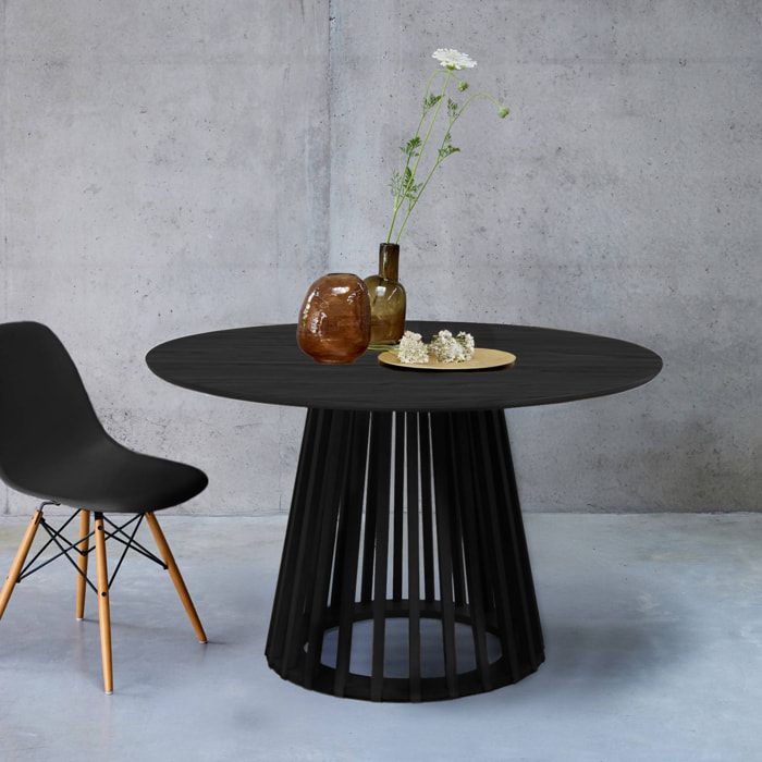 Table à manger effet bois noir. pieds bois de sapin 4 places Ø120cm