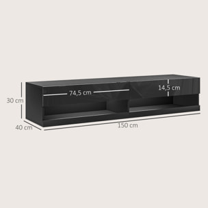 Meuble TV mural LED - banc TV flottant - 2 portes battantes - dim. 150L x 40l x 30H cm - noir laqué