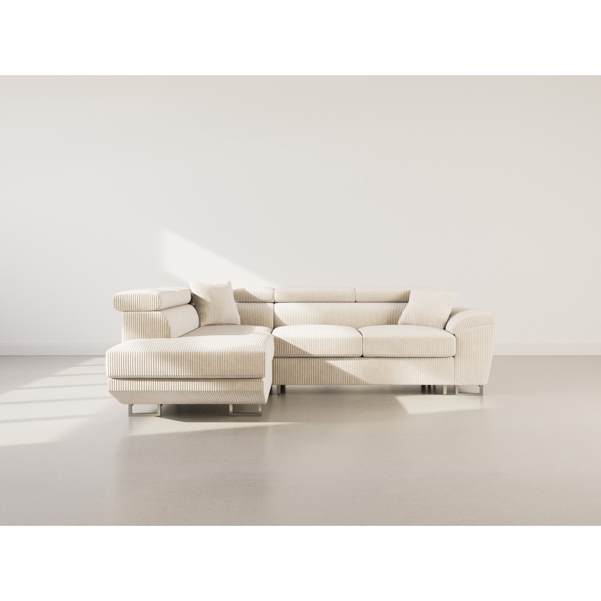 Baoji - Canapé d'angle gauche 5 places convertible avec têtières et coffre en velours côtelé - Beige