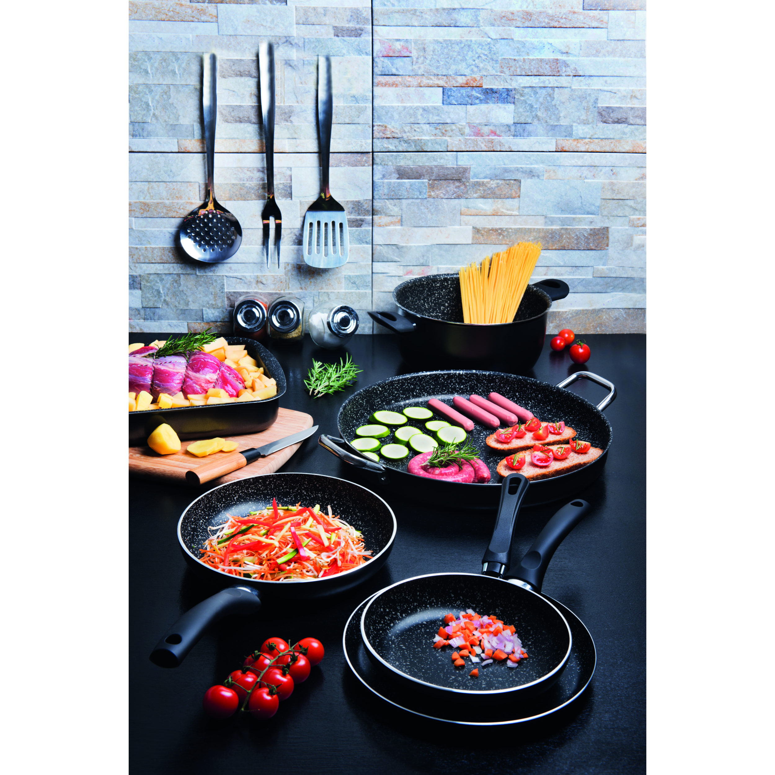 Set 7 pentole multifunzione Excelsa Rock'n Cook, alluminio, rivestimento antiaderente, nero effetto marmo