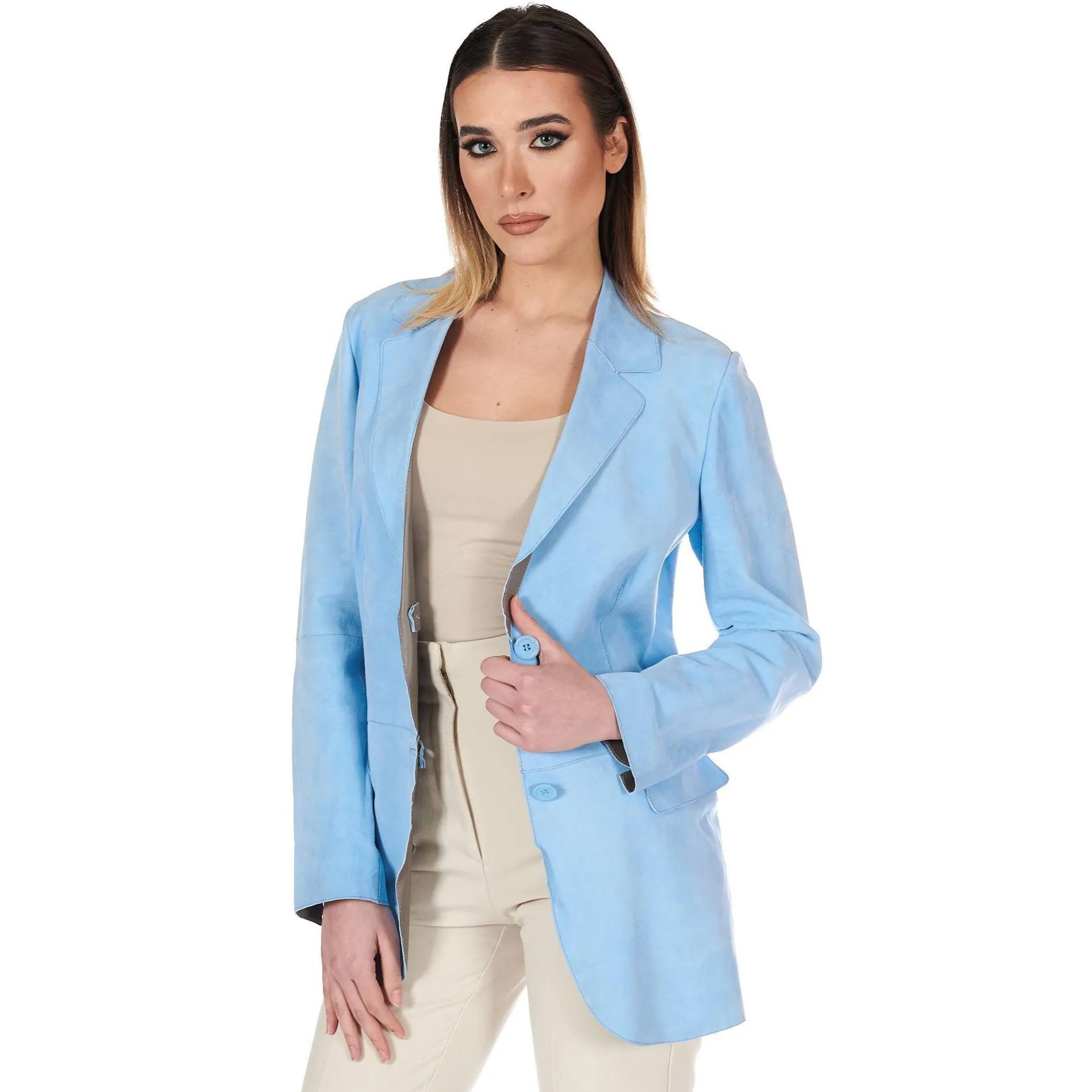 Giacca blazer in pelle scamosciata colore celeste