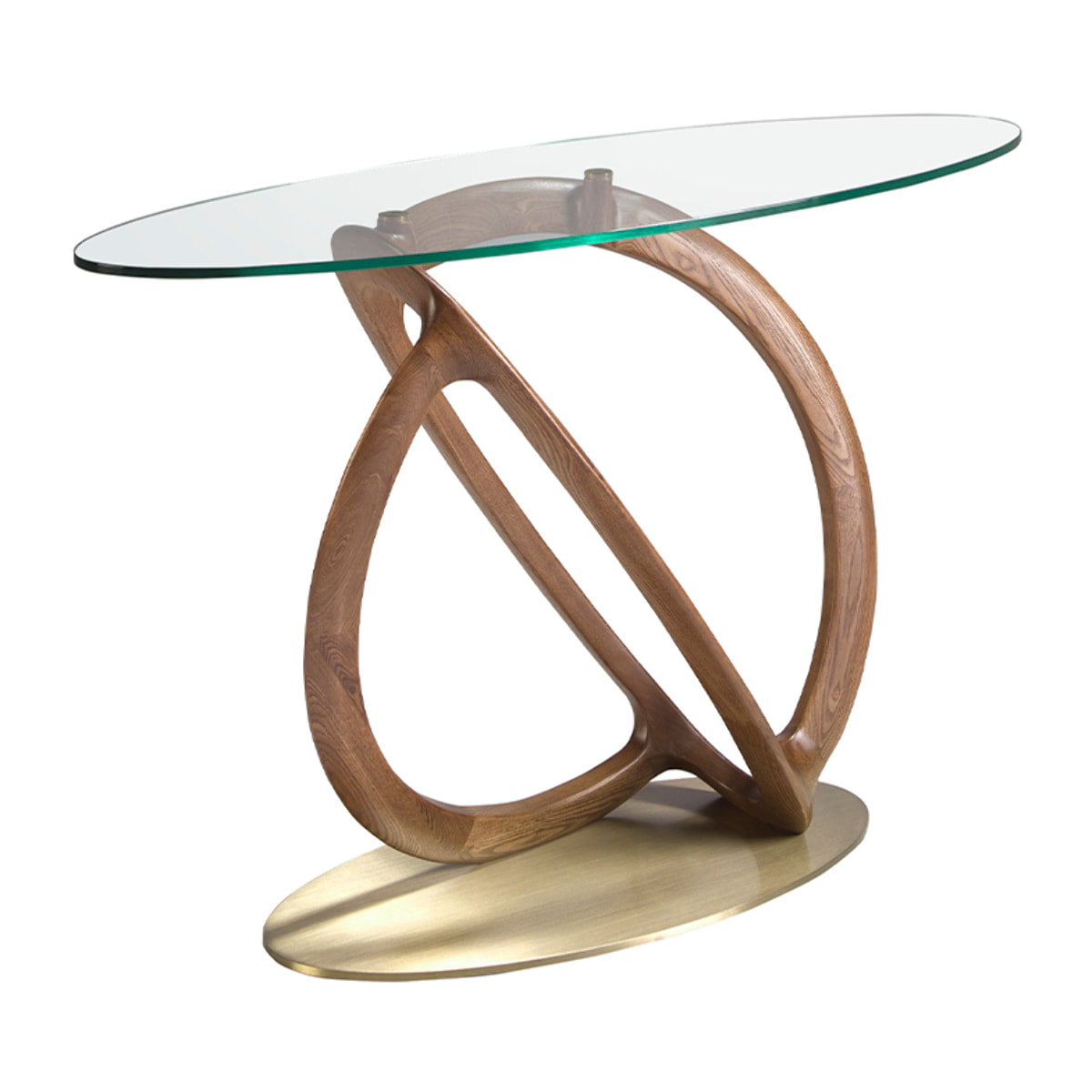 Consola Angel Cerdá ovalada con tapa de cristal templado y patas de madera en nogal 125x45x80cm