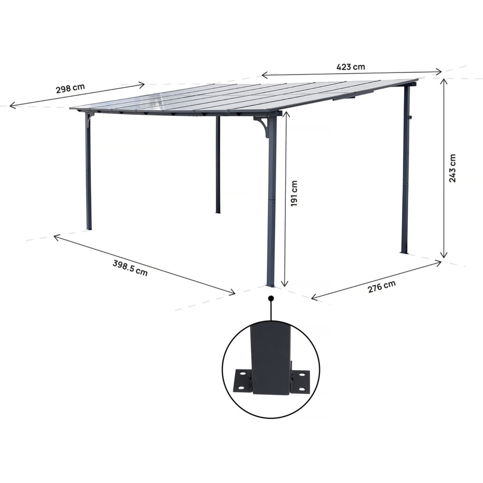 Pergola tonnelle adossée "Marvin" - 4 x 3 m - 423 x 298 x 243 cm - Gris foncé