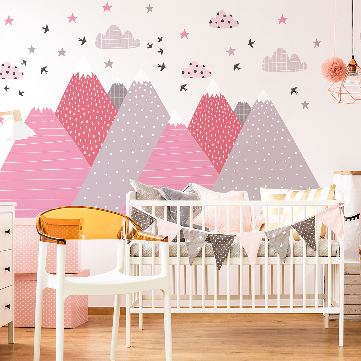 Stickers muraux enfants - Décoration chambre bébé - Autocollant Sticker mural géant enfant montagnes scandinaves PINKA