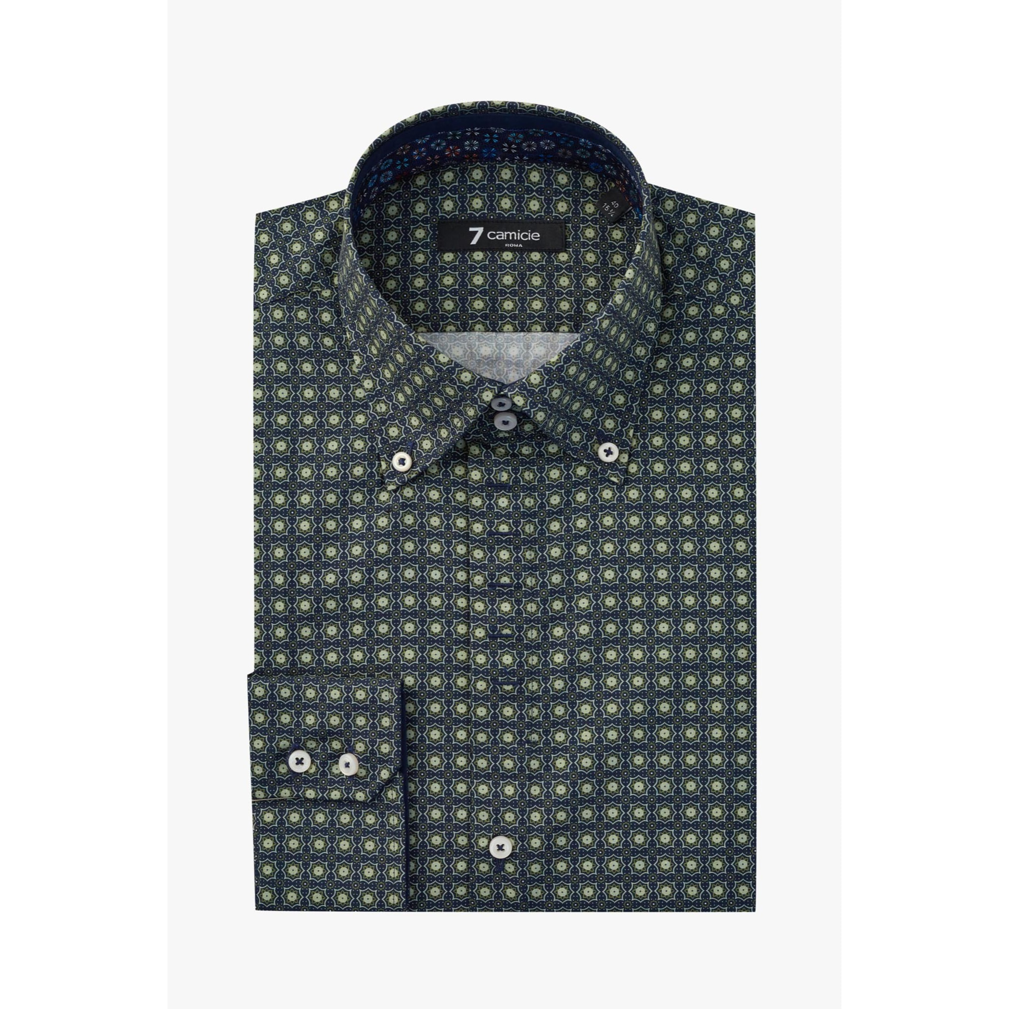 Camicia Uomo 2 Bottoni Button Down Slim Popeline Stampato Blu e Verde Militare