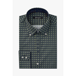 Camicia Uomo 2 Bottoni Button Down Slim Popeline Stampato Blu e Verde Militare
