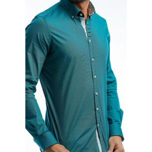 Camicia Uomo 1 Bottoni Button Down Slim Popeline Stretch Unito Verde Ottanio