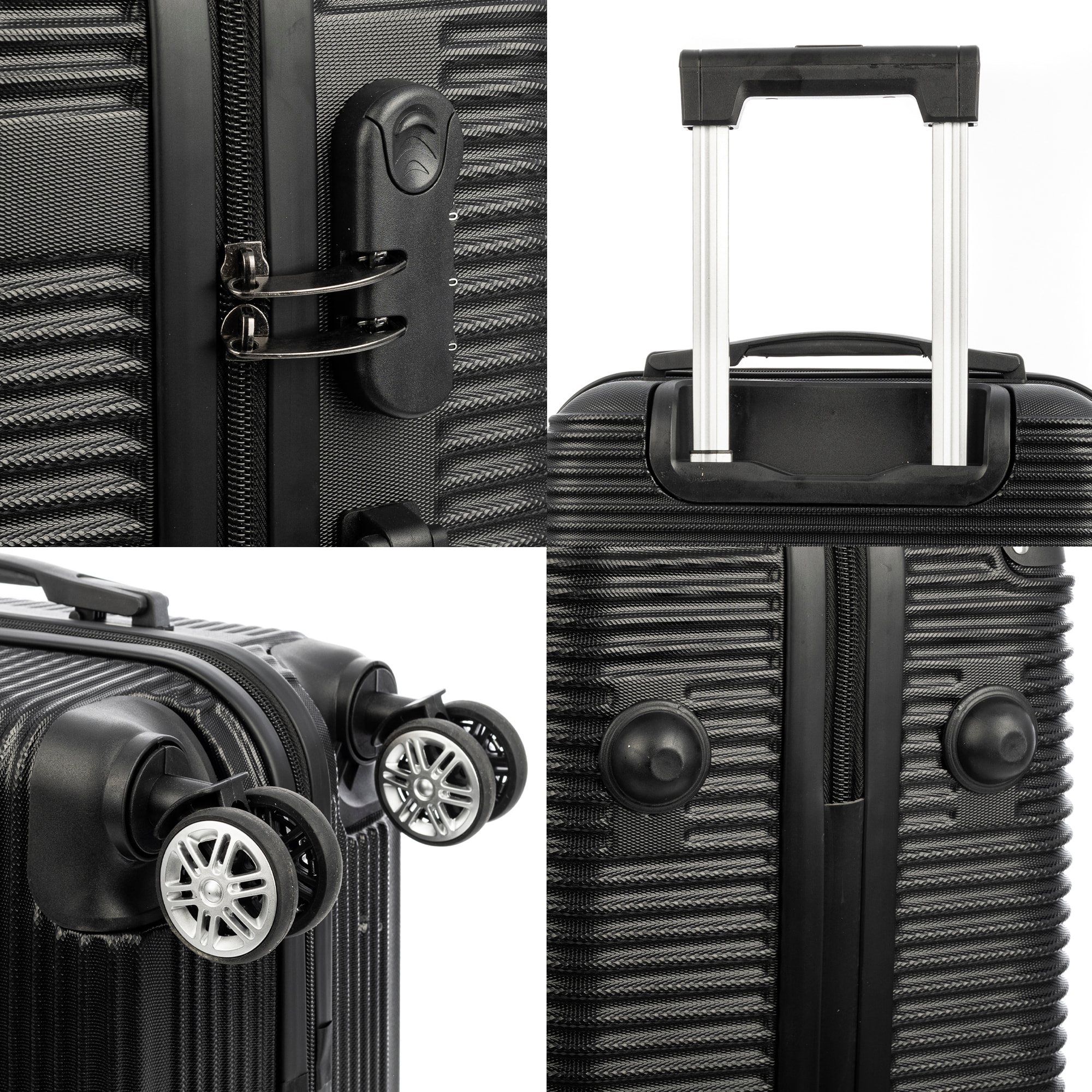Set di 3 valigie Trolley, realizzato in materiale leggero ABS ad alta resistenza con angoli rinforzati. Chiusura numerica e 4 ruote doppie girevoli a 360°.