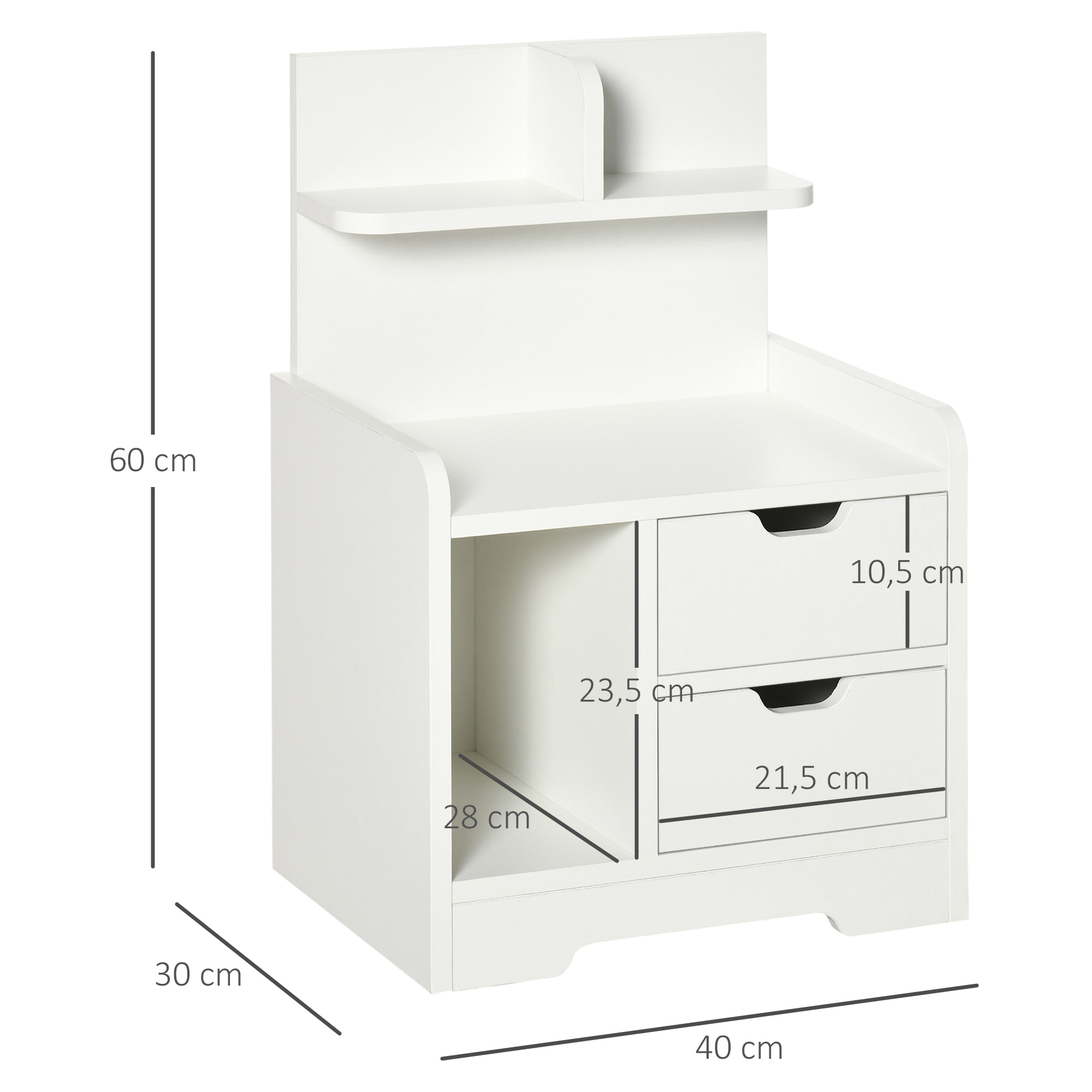 Mesita de Noche Moderna Mesilla de Noche con 2 Cajones y 3 Compartimientos de Almacenajes para Salón Dormitorio Carga 30 kg 40x30x60 cm Blanco