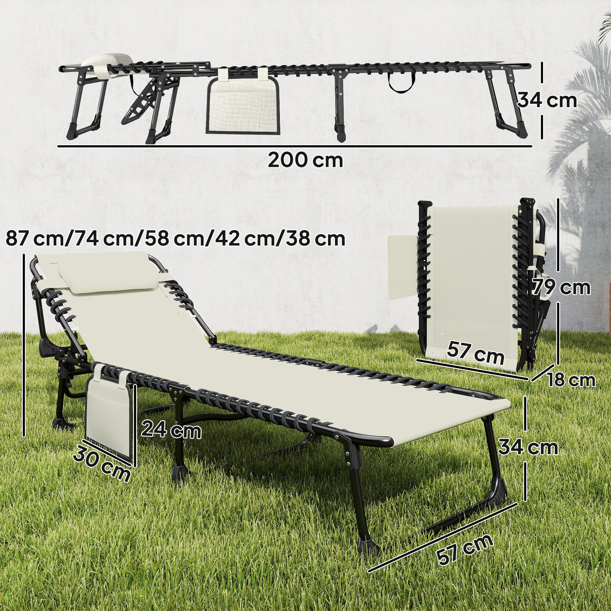 Set de 2 Tumbonas Jardín Exterior, Tumbonas Plegables con Reposacabezas y Bolsillo Lateral, Respaldo Reclinable 5 Posiciones y Asiento de Malla Transpirable para Playa, Piscina, Blanco Crema