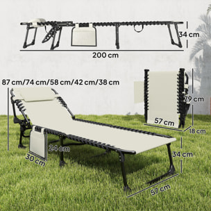 Set de 2 Tumbonas Jardín Exterior, Tumbonas Plegables con Reposacabezas y Bolsillo Lateral, Respaldo Reclinable 5 Posiciones y Asiento de Malla Transpirable para Playa, Piscina, Blanco Crema